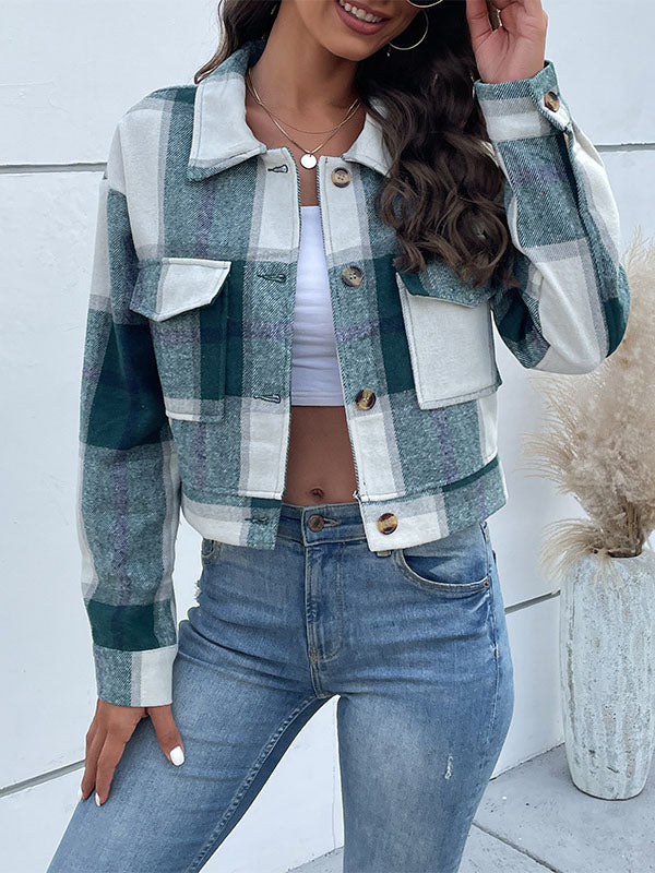 Long Sleeves Loose Buttoned Plaid Pockets Split-Joint Lapel Jackets Outerwear