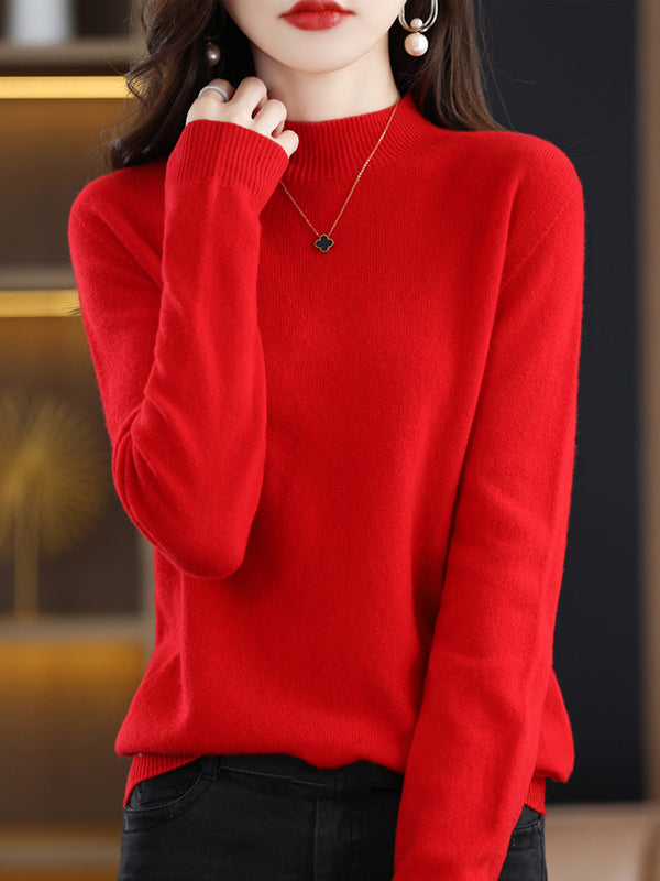 Casual Long Sleeves Solid Color Half Turtleneck Sweater Tops
