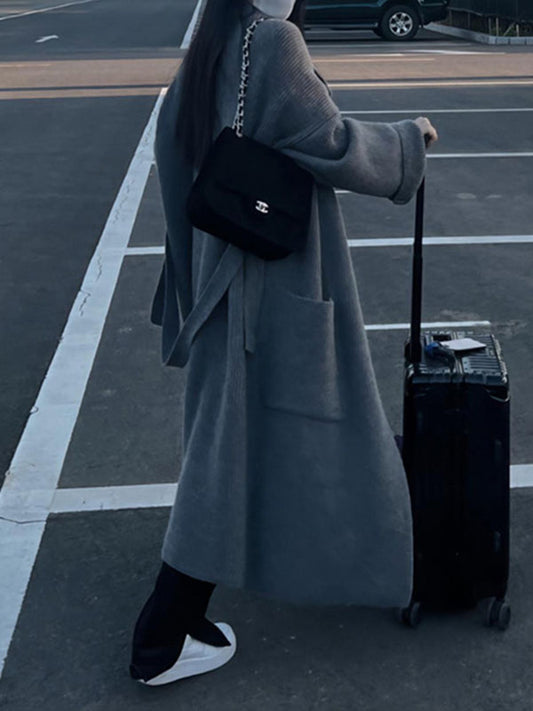 Long Sleeves Loose Pockets Solid Color Tied Waist Notched Collar Cardigan Coats