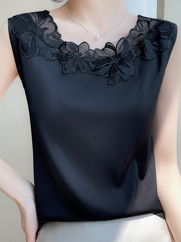 Loose Plus Size See-Through Solid Color Split-Joint Round-Neck Vest Top