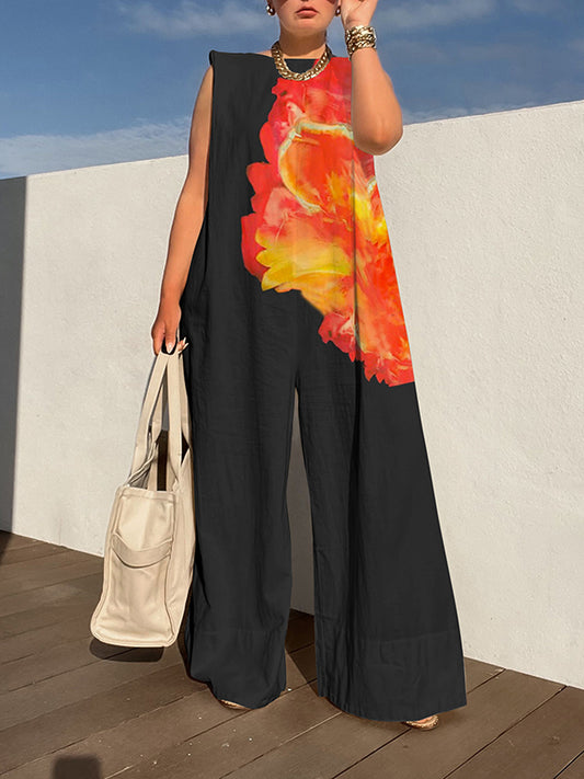 Loose Sleeveless Flower Print Round-neck Jumpsuits