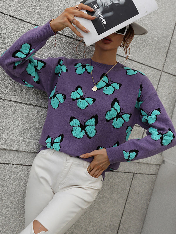 Original Long Sleeves Loose Butterfly Print Contrast Color Round-Neck Sweater Tops