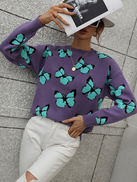 Original Long Sleeves Loose Butterfly Print Contrast Color Round-Neck Sweater Tops