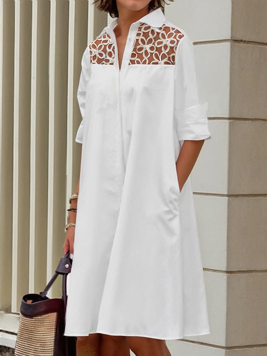 Long Sleeves Loose Gauze See-Through Solid Color Split-Joint Lapel Midi Dresses Shirt Dress