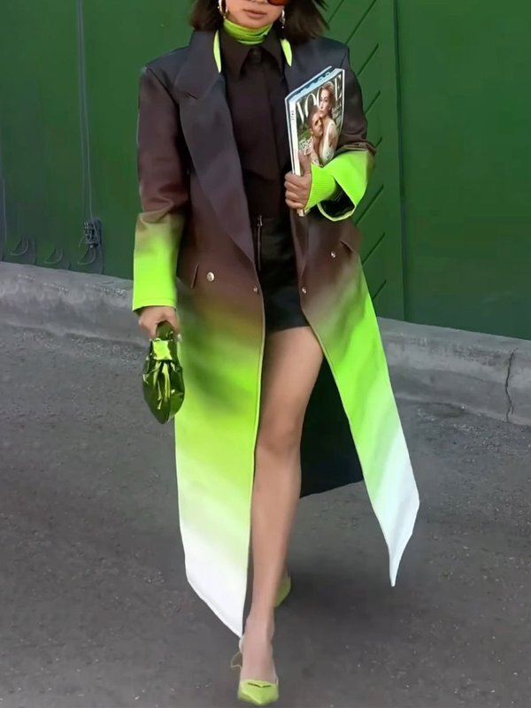 Long Sleeves Loose Buttoned Gradient Pockets Split-Joint Notched Collar Outerwear