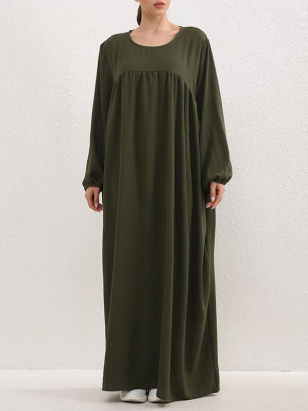 Long Sleeves Loose Pleated Solid Color Split-Joint Round-Neck Maxi Dresses