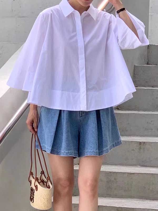 A-Line Flared Sleeves Buttoned Pleated Solid Color Lapel Blouses&Shirts Tops