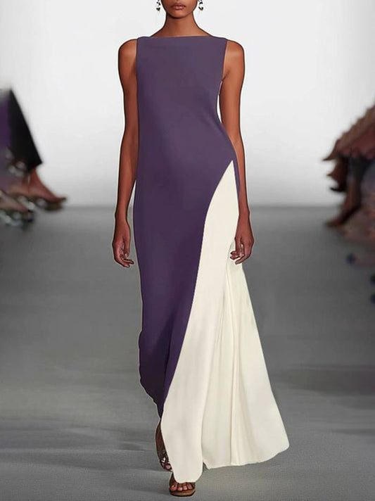 Loose Sleeveless Contrast Color Round-Neck Maxi Dresses