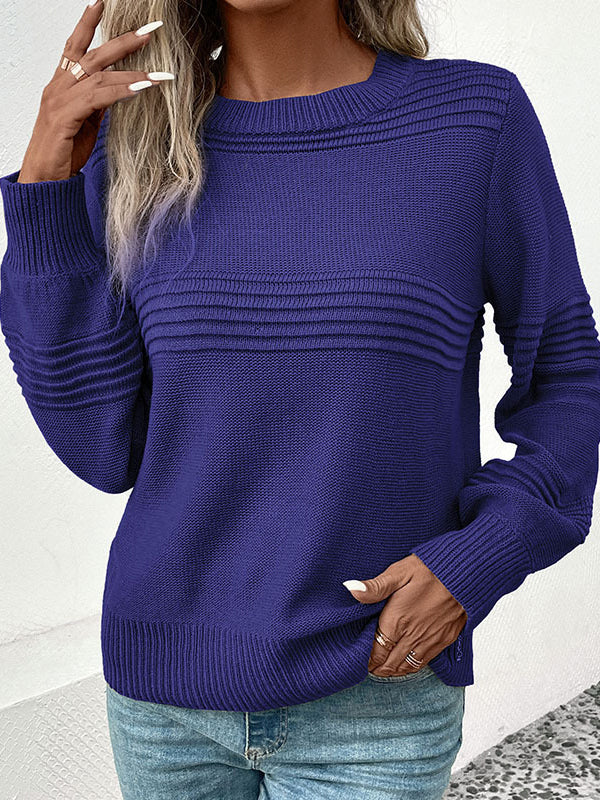 Long Sleeves Loose Solid Color Split-Joint Round-Neck Pullovers Sweater Tops