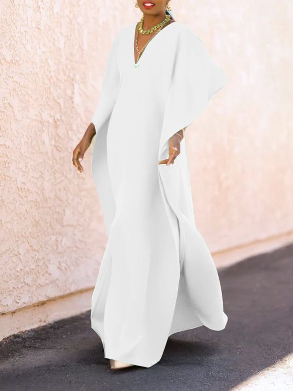 Batwing Sleeves Loose Solid Color Split-Side V-Neck Maxi Dresses