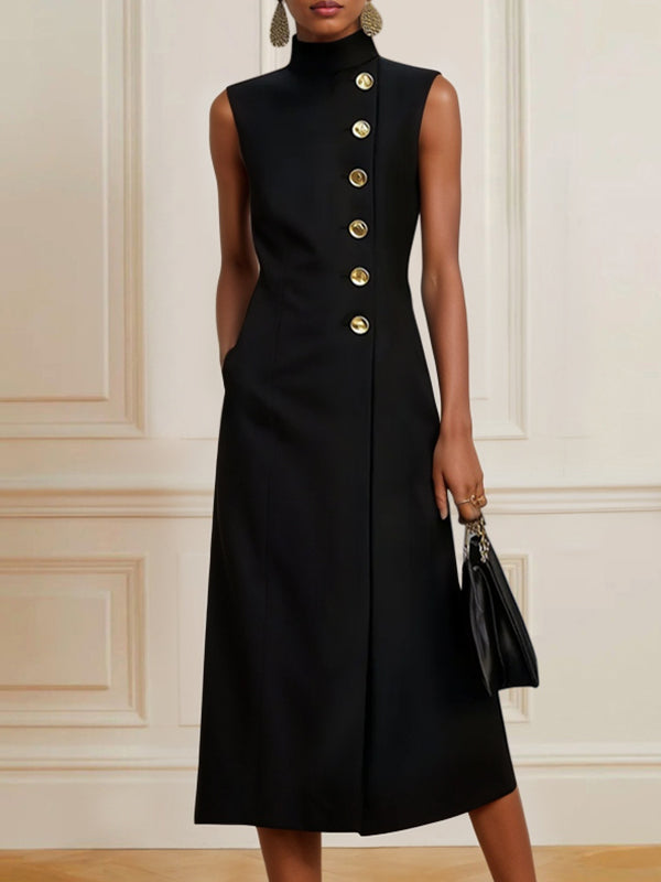 Loose Sleeveless Asymmetric Split-Joint High Neck Midi Dresses