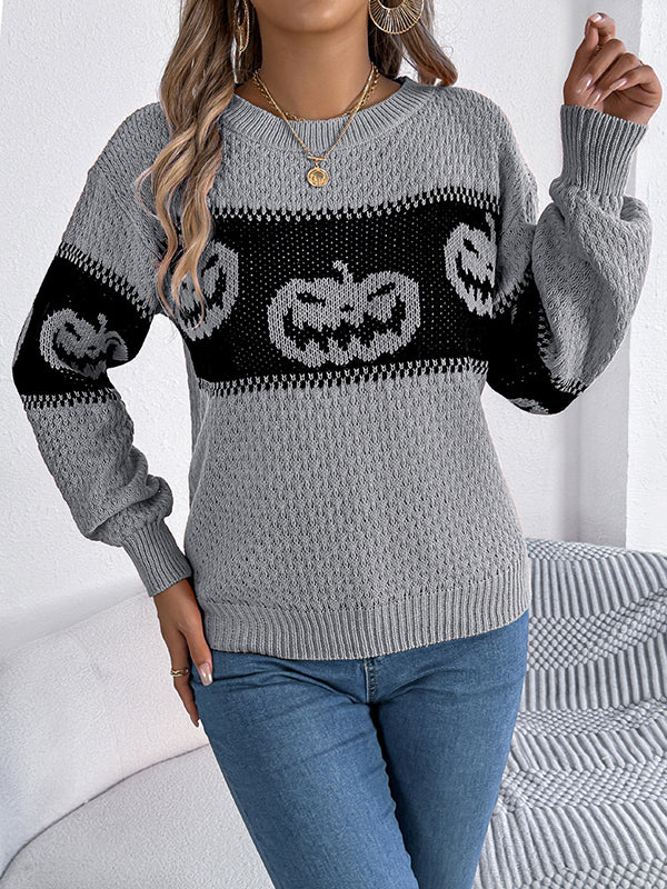 Long Sleeves Loose Contrast Color Split-Joint Round-Neck Pullovers Sweater Tops