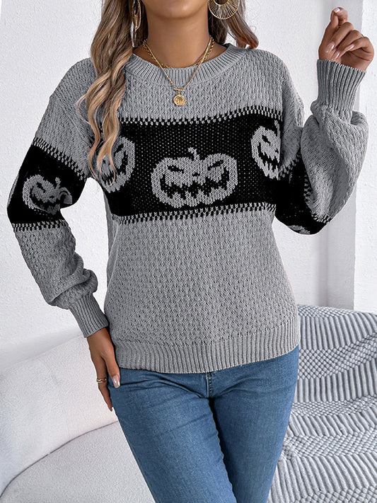 Long Sleeves Loose Contrast Color Split-Joint Round-Neck Pullovers Sweater Tops
