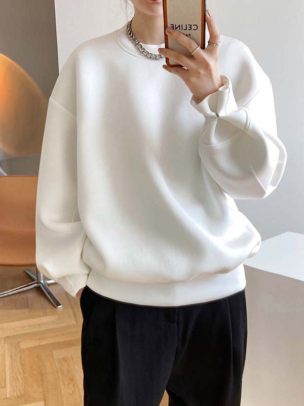 Long Sleeves Loose Solid Color Round-Neck Sweatshirt Tops