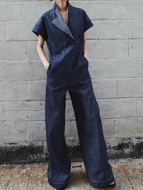 High Waisted Loose Solid Color V-Neck Jumpsuits