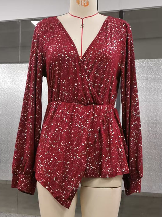 Long Sleeves Loose Asymmetric Pleated Printed V-Neck Blouses&Shirts Tops