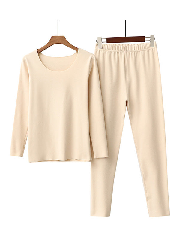 2PCS Plus Size Solid Color Round-Neck Top&Bottom Pajama Set