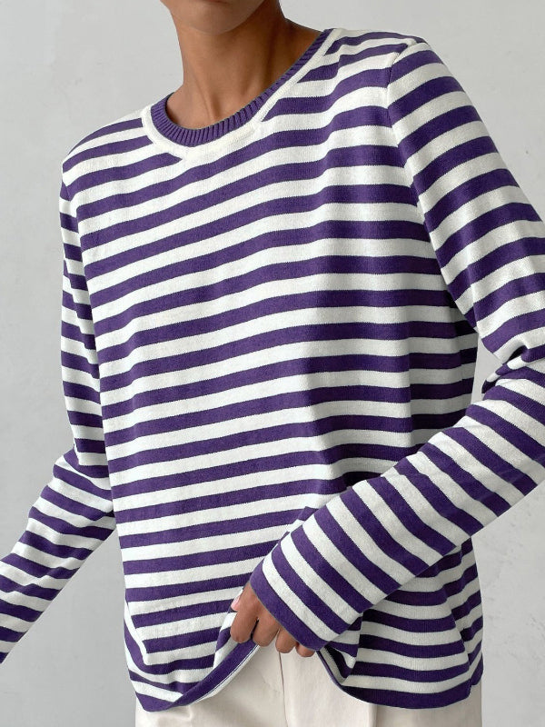 Long Sleeves Loose Split-Joint Striped Round-Neck Sweater Tops