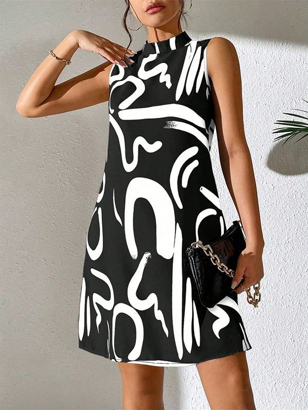 A-line Sleeveless Contrast Color Printed Mini Dresses