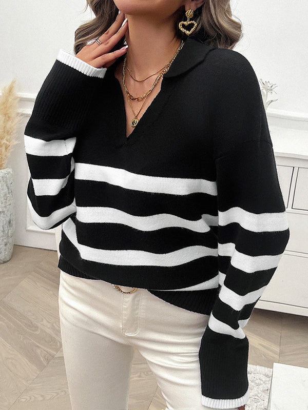 Long Sleeves Loose Contrast Color Striped Lapel Pullovers Sweater Tops