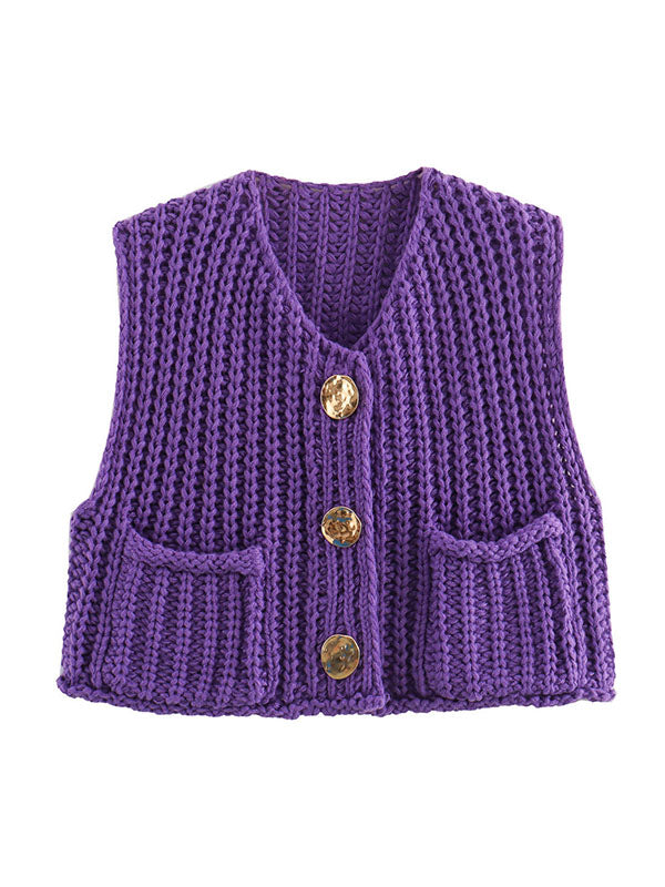 Loose Sleeveless Buttoned Pockets V-Neck Vest Outerwear