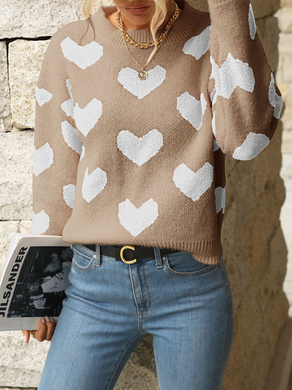 Long Sleeves Loose Heart Print Jacquard Split-Joint Round-Neck Pullovers Sweater Tops