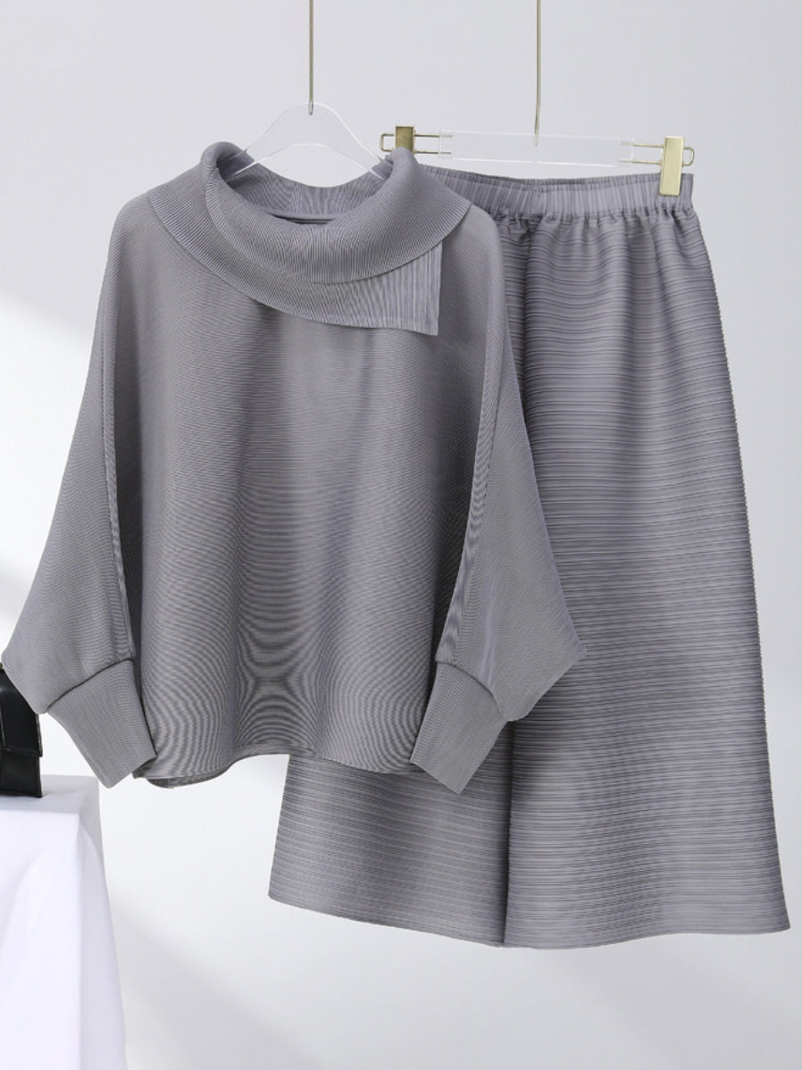Simple Loose Long Sleeves Pleated Solid Color High-Neck T-Shirt Top&Wide Legs Pants Two Pieces Set