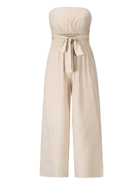 Original Cold Shoulder Tied Solid Color Straight Leg Jumpsuits