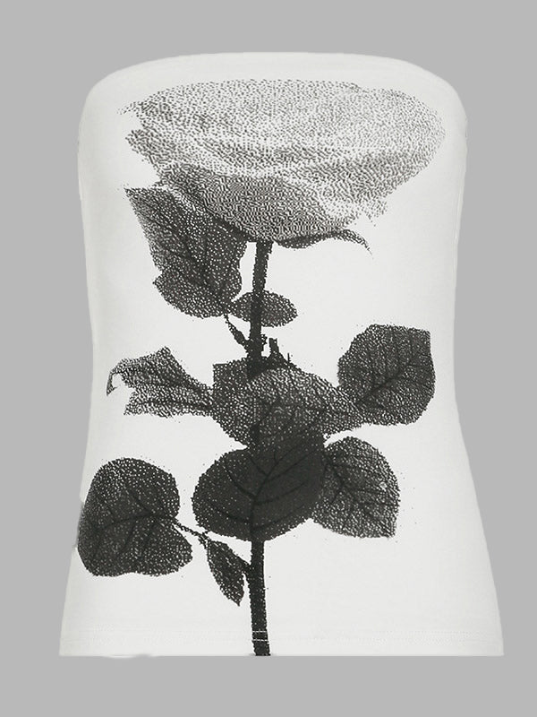 Skinny Sleeveless Contrast Color Flower Print Split-Side Tube Vest Top