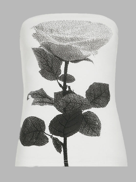 Skinny Sleeveless Contrast Color Flower Print Split-Side Tube Vest Top