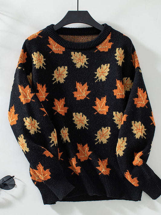 Long Sleeves Loose Contrast Color Jacquard Knitted Leaves Split-Joint Round-Neck Pullovers Sweater Tops