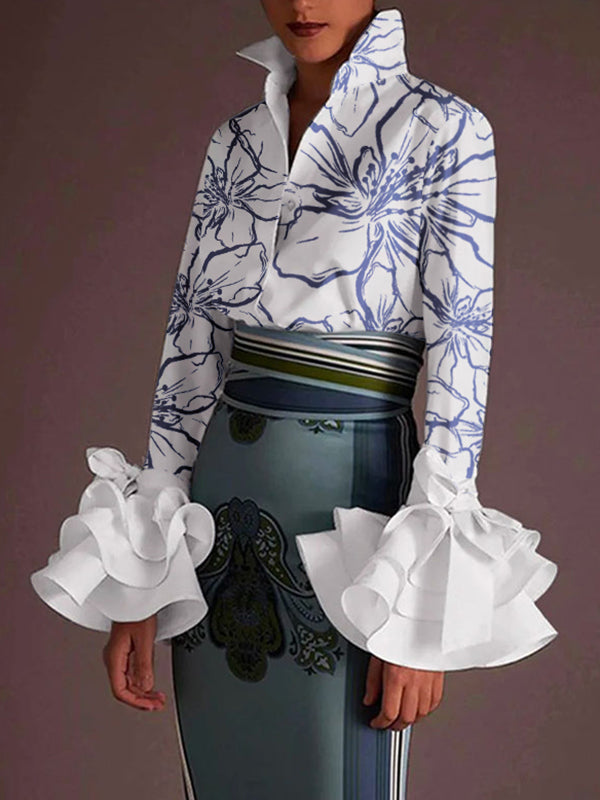 Flared Sleeves Long Sleeves Printed Split-Joint Lapel Blouses&Shirts Tops