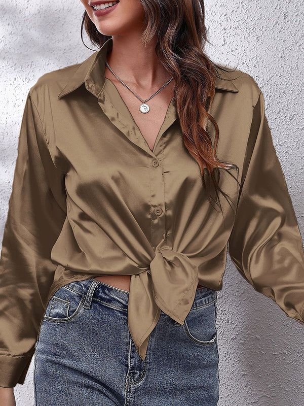 Long Sleeves Loose Solid Color Lapel Blouses