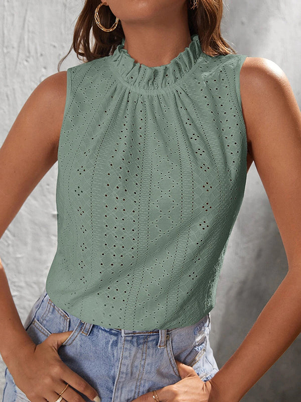 Loose Sleeveless Hollow Jacquard Pleated Solid Color Tied Mock Neck Vest Top