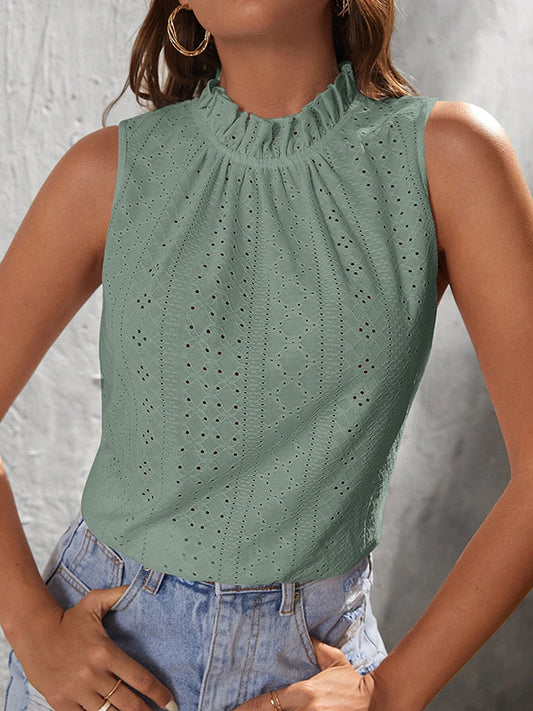 Loose Sleeveless Hollow Jacquard Pleated Solid Color Tied Mock Neck Vest Top