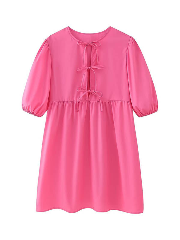 Loose Puff Sleeves Elasticity Hollow Lace-Up Pleated Split-Joint Round-Neck Blouses&Shirts Tops