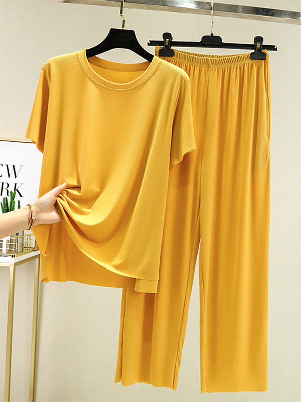 Casual Loose Short Sleeves Elasticity Solid Color Round-Neck Pajamas Set