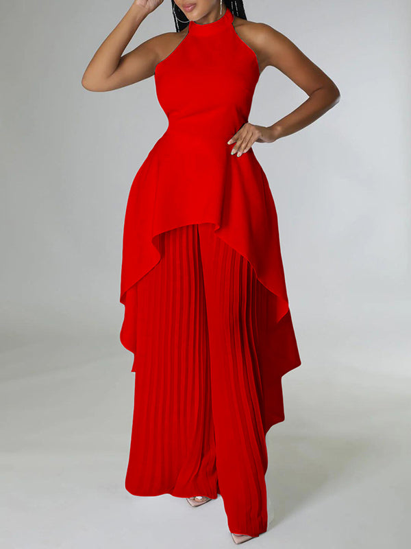 High-Low Loose Backless Lacy Solid Color Halter-Neck Suits