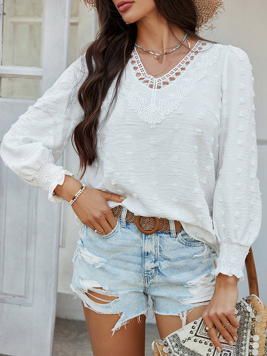 Long Sleeves Loose Elasticity Hollow Jacquard Solid Color V-Neck Blouses&Shirts Tops