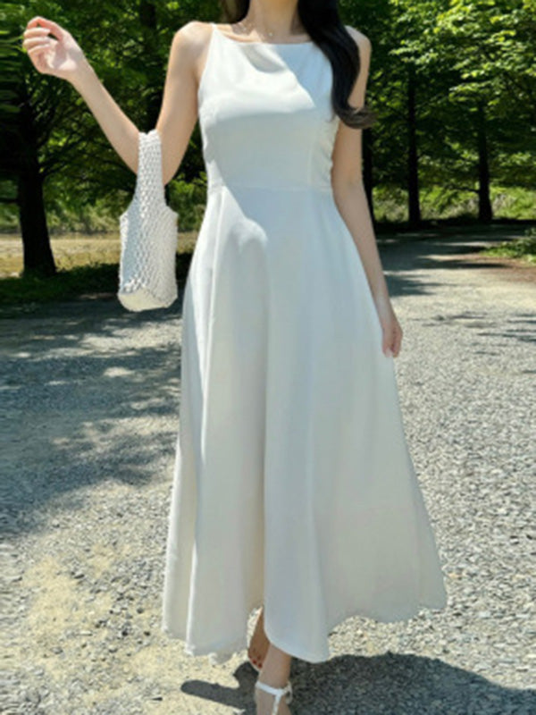 A-Line High Waisted Solid Color Spaghetti-Neck Maxi Dresses