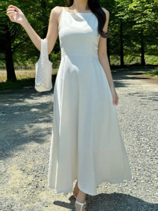 A-Line High Waisted Solid Color Spaghetti-Neck Maxi Dresses