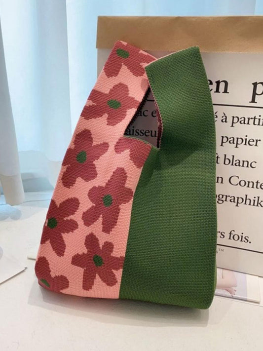 Contrast Color Geometric Knitted Flower Woven Handbag
