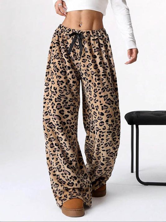 Loose Wide Leg Drawstring Elasticity Leopard Split-Joint Pants Trousers