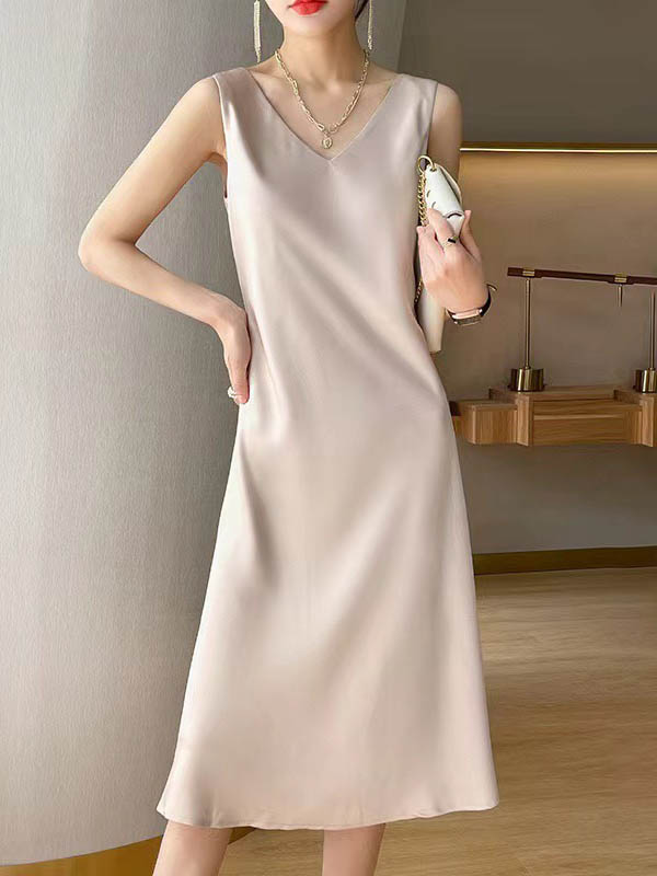 A-Line Loose Solid Color V-Neck Midi Dresses