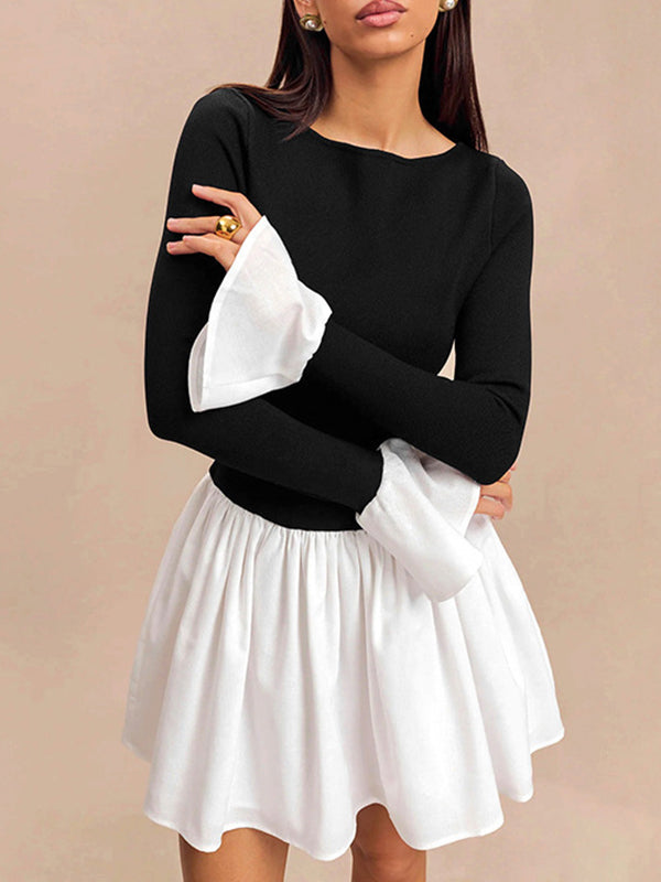A-Line Flared Sleeves Contrast Color Pleated Split-Joint Round-Neck Mini Dresses