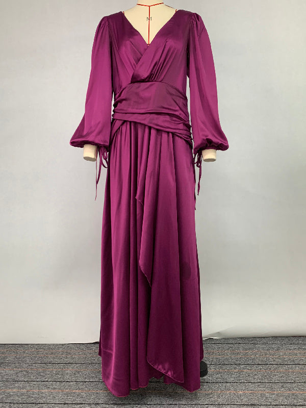 Look-Thin Pleated Solid Color V-Cut Long Sleeves Maxi Dresses