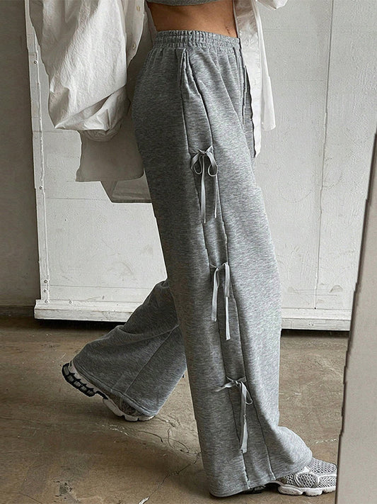 High Waisted Loose Drawstring Elasticity Solid Color Split-Joint Pants Trousers