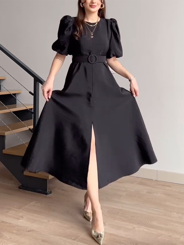Half Sleeves Puff Sleeves Belted Solid Color Split-Front Round-Neck Midi Dresses