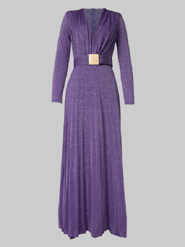 Long Sleeves Wrap Belted Pleated Solid Color Split-Side V-Neck Evening Dresses Maxi Dresses