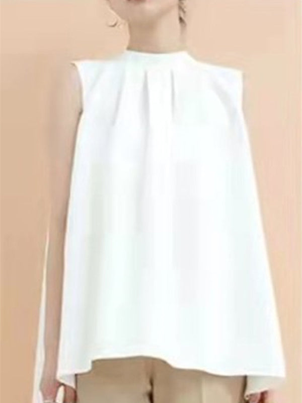 High-low Loose Lace-Up Pleated Solid Color Split-Joint Streamer Stand Collar Vest Top